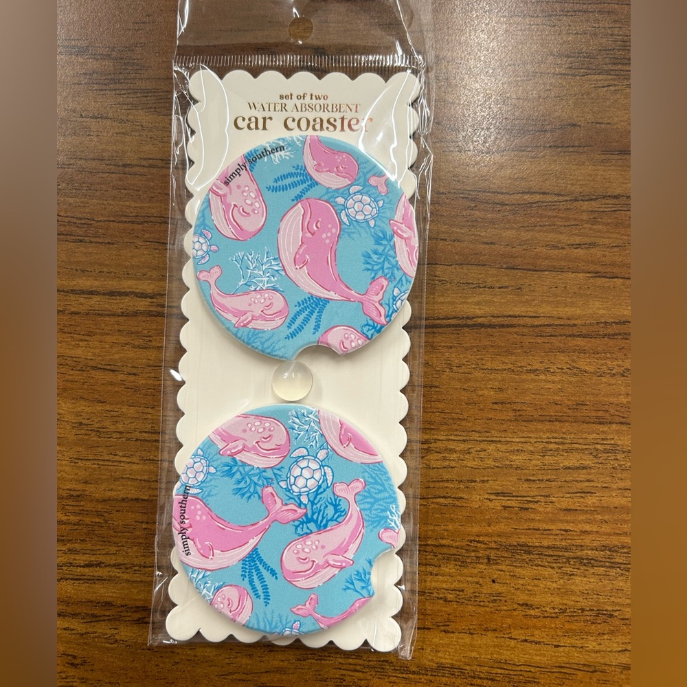 New Simply Southern Ceramic Pink and Blue Whale Car Coasters